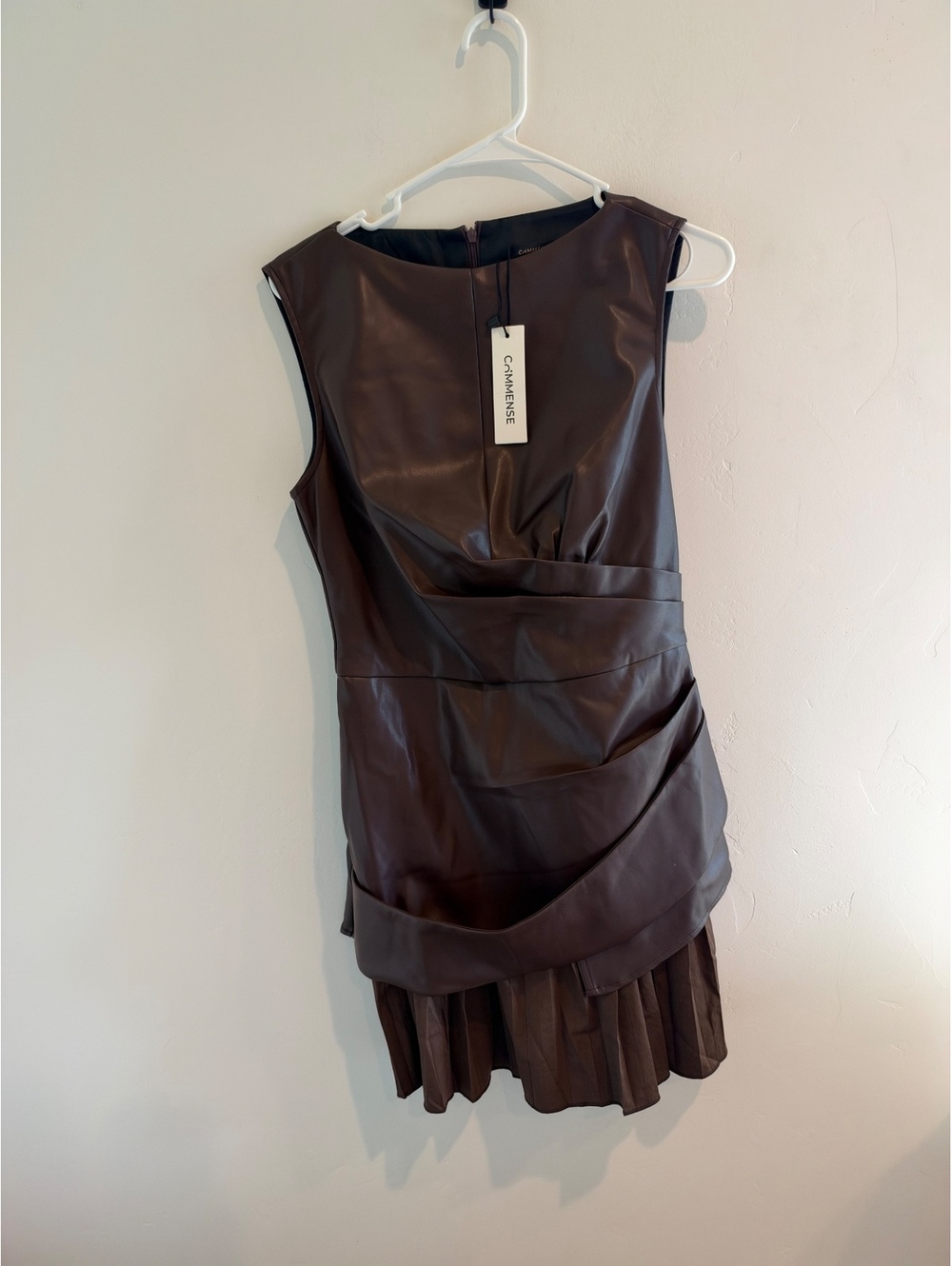 Commense Small Brown Faux Leather Pleated Mini Dress NWT